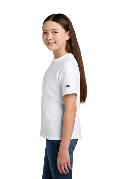 Left View of White Champion Youth Jersey Short Sleeve Tee CH1081 plain