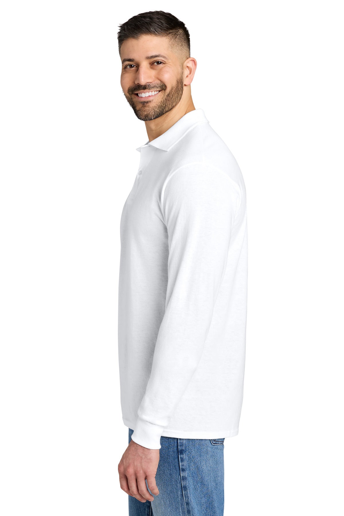 Left View of White Jerzees Dri-Power Long Sleeve Sport Shirt 437LS plain