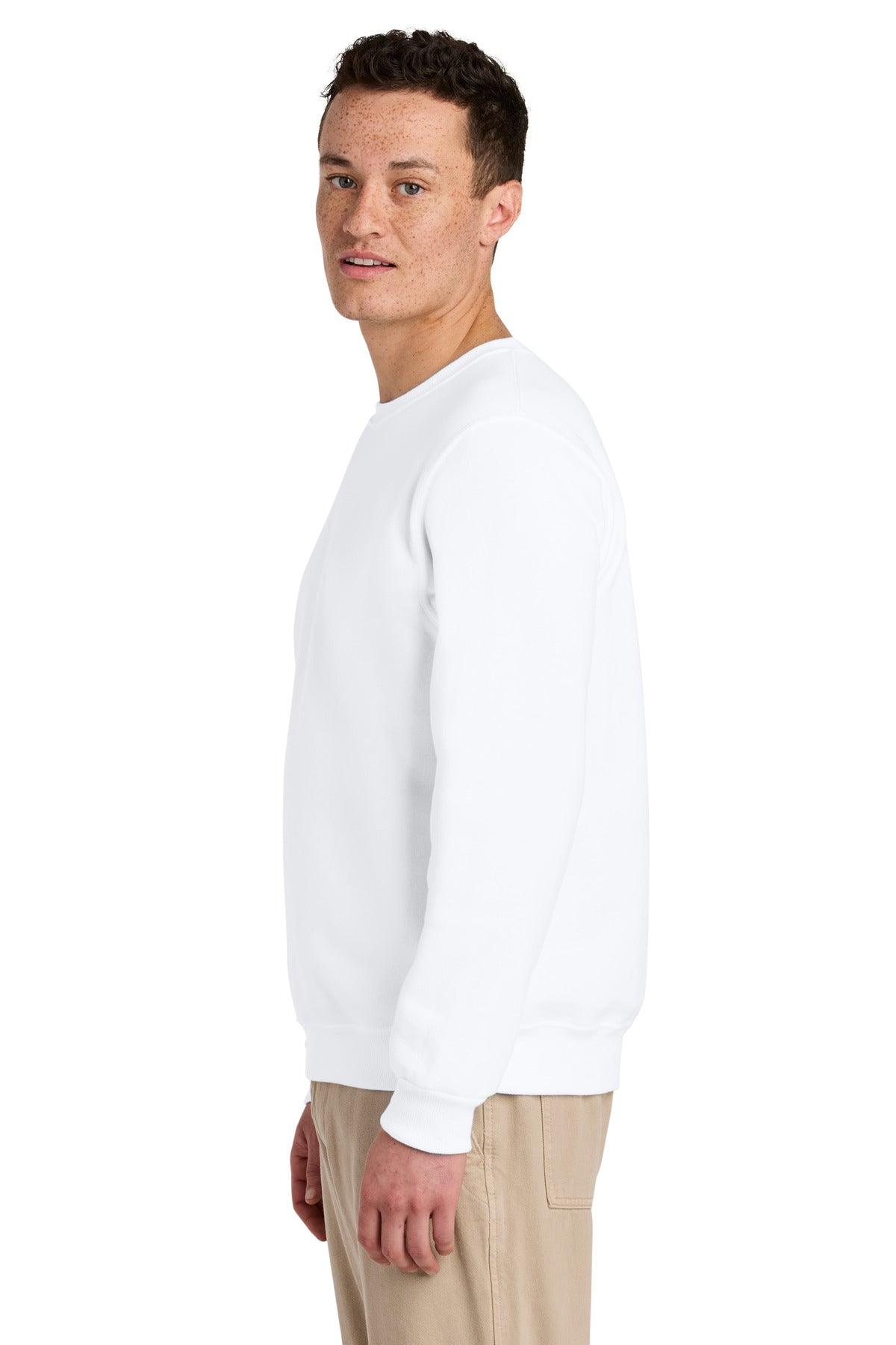 Left View of White Jerzees Eco Premium Blend Crewneck Sweatshirt 701M plain