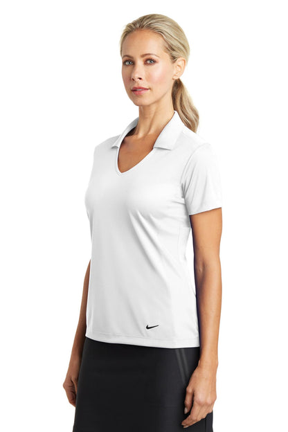 Left View of White Nike Women's Dri-FIT Vertical Mesh Polo. 637165 plain