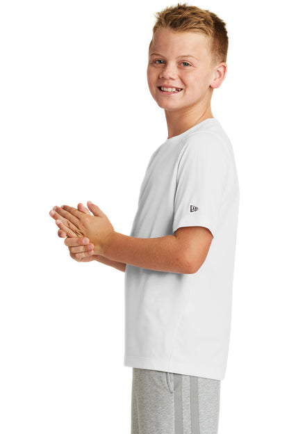 Left View of White Solid New Era Youth Series Performance Crew Tee. YNEA200 plain
