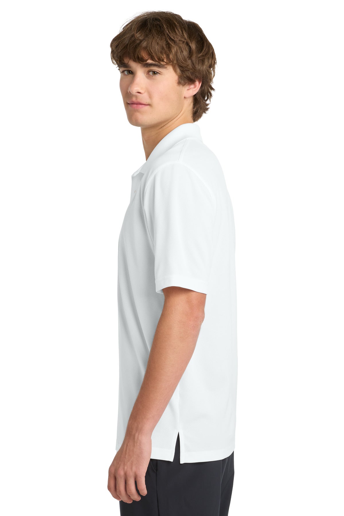 Left View of White Sport-Tek Dri-Mesh Polo. K469 plain
