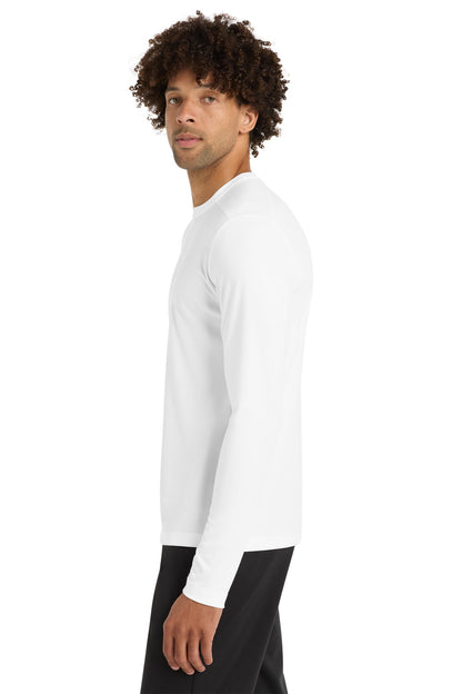 Left View of White Sport-Tek Posi-UV Pro Long Sleeve Tee. ST420LS plain