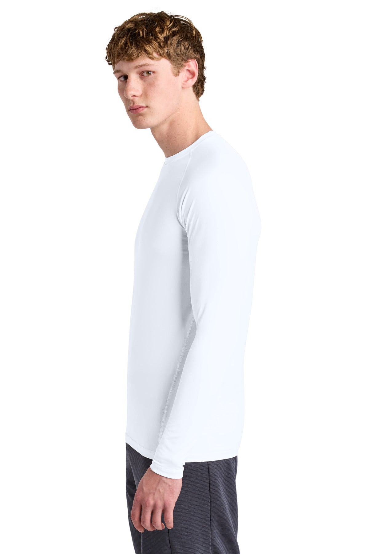 Left View of White Sport-Tek PosiCharge Compression Long Sleeve Tee ST120LS plain