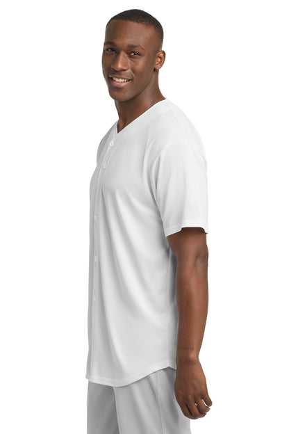 Left View of White Sport-Tek PosiCharge Tough Mesh Full-Button Jersey. ST220 plain