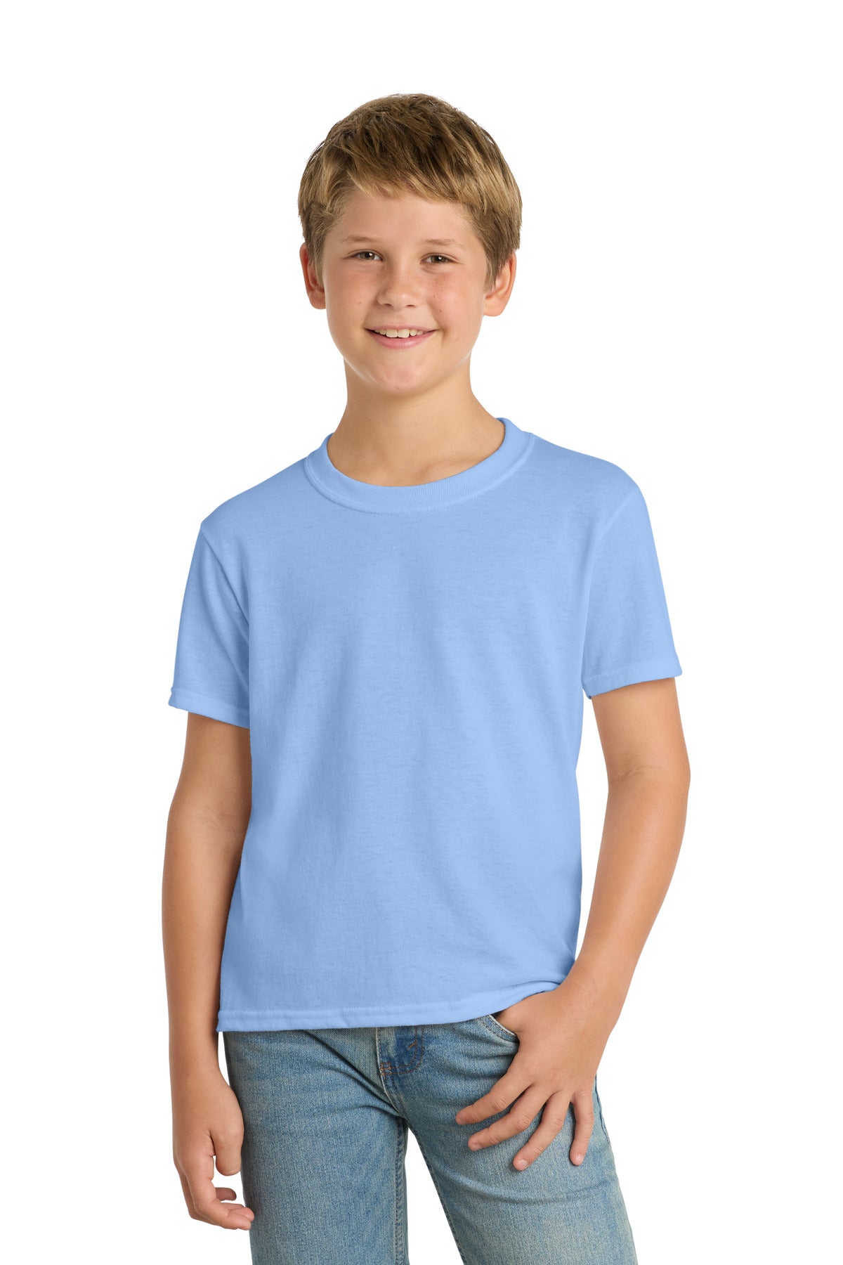 Light Blue Port & Co Youth Core Blend Tee. PC55Y plain