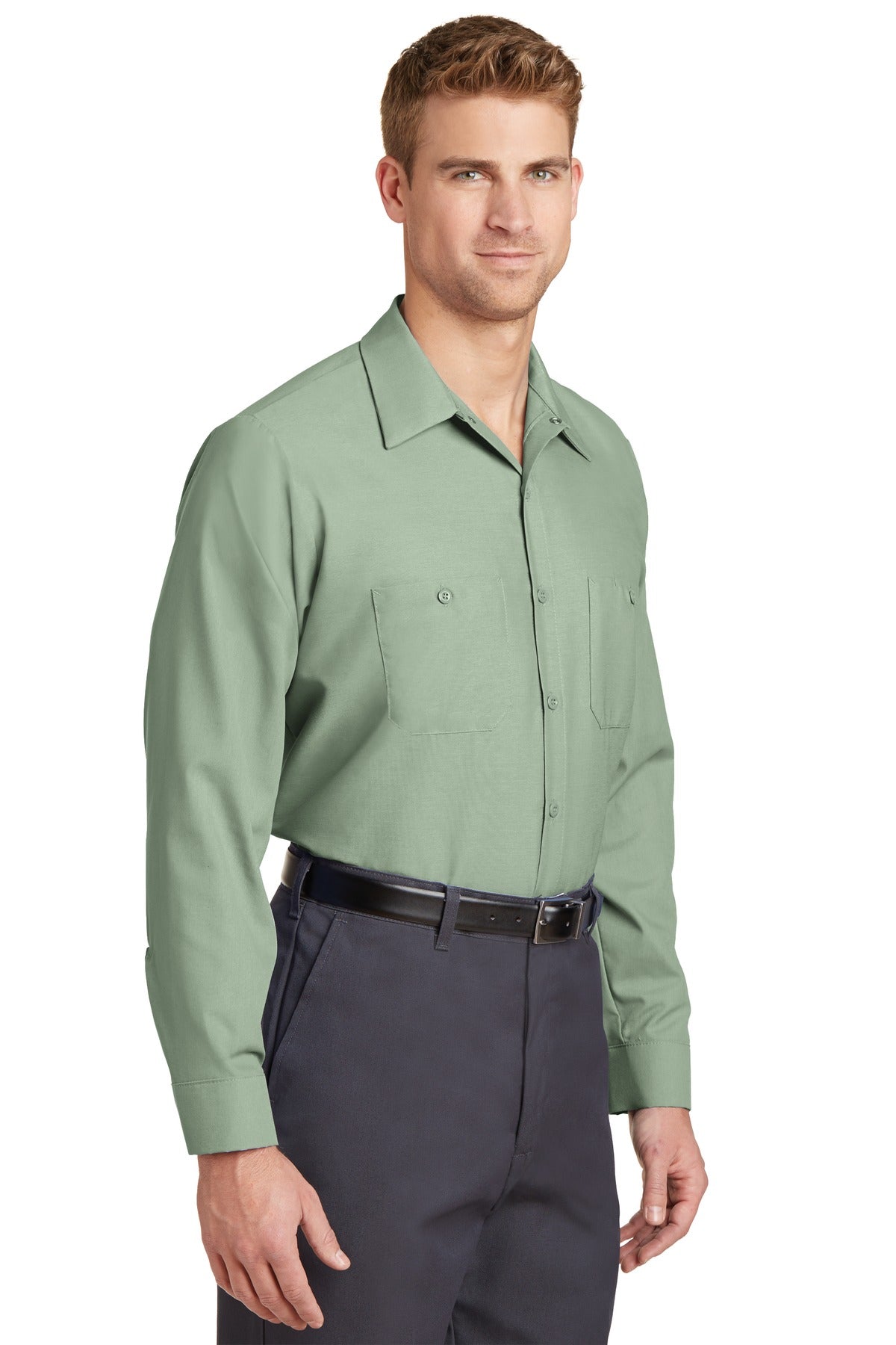 Light Green Red Kap Long Sleeve Industrial Work Shirt. SP14 plain