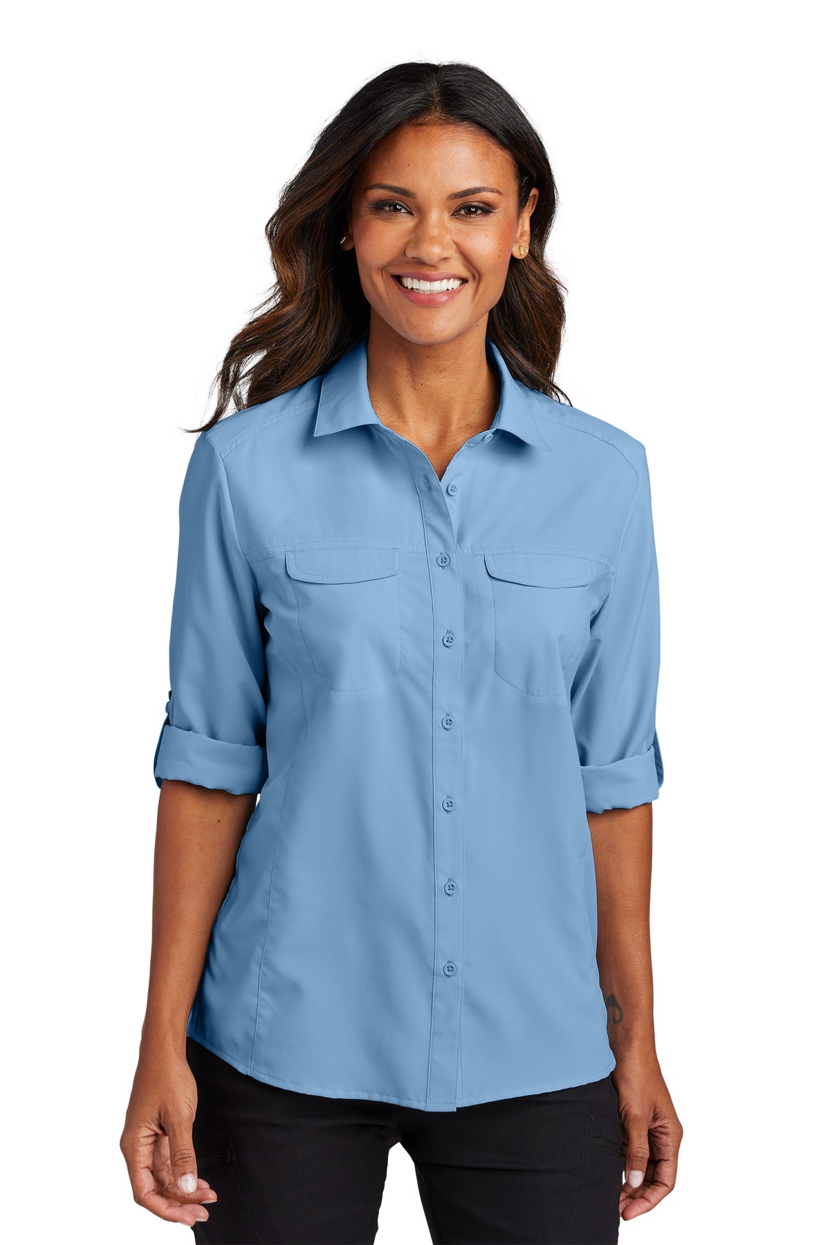 LightBlue Port Authority Women's Long Sleeve UV Daybreak Shirt LW960 plain