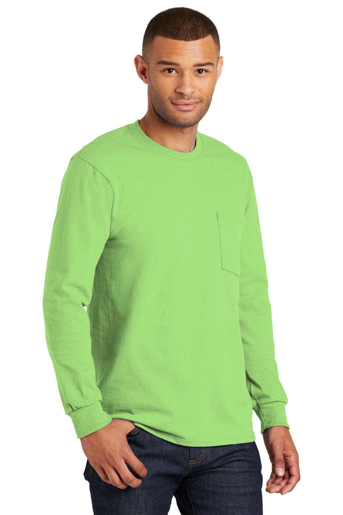 Lime Port & Co Tall Long Sleeve Essential Pocket Tee. PC61LSPT plain