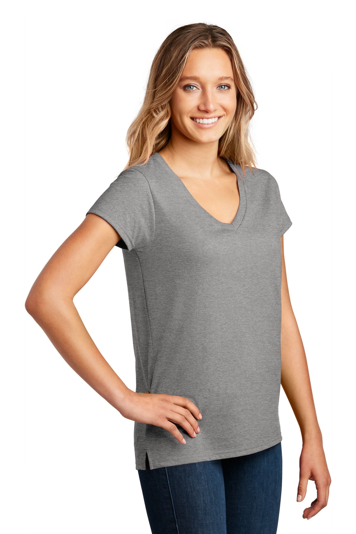 Lt Hthr Grey District Women's Re-Tee V-Neck DT8001 plain