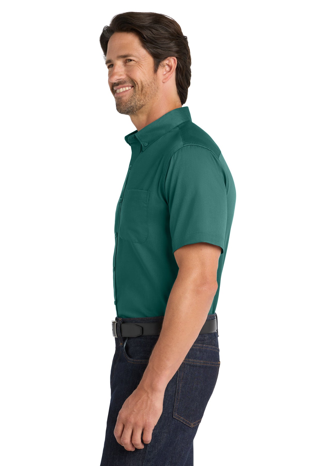 MarineGrn Port Authority Short Sleeve SuperPro React Twill Shirt. W809 plain