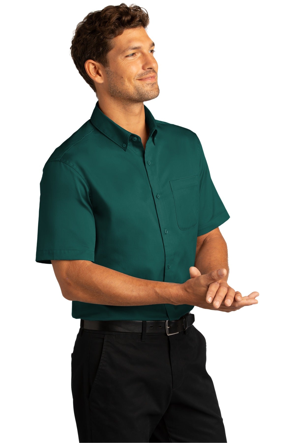 MarineGrn Port Authority Short Sleeve SuperPro React Twill Shirt. W809 plain