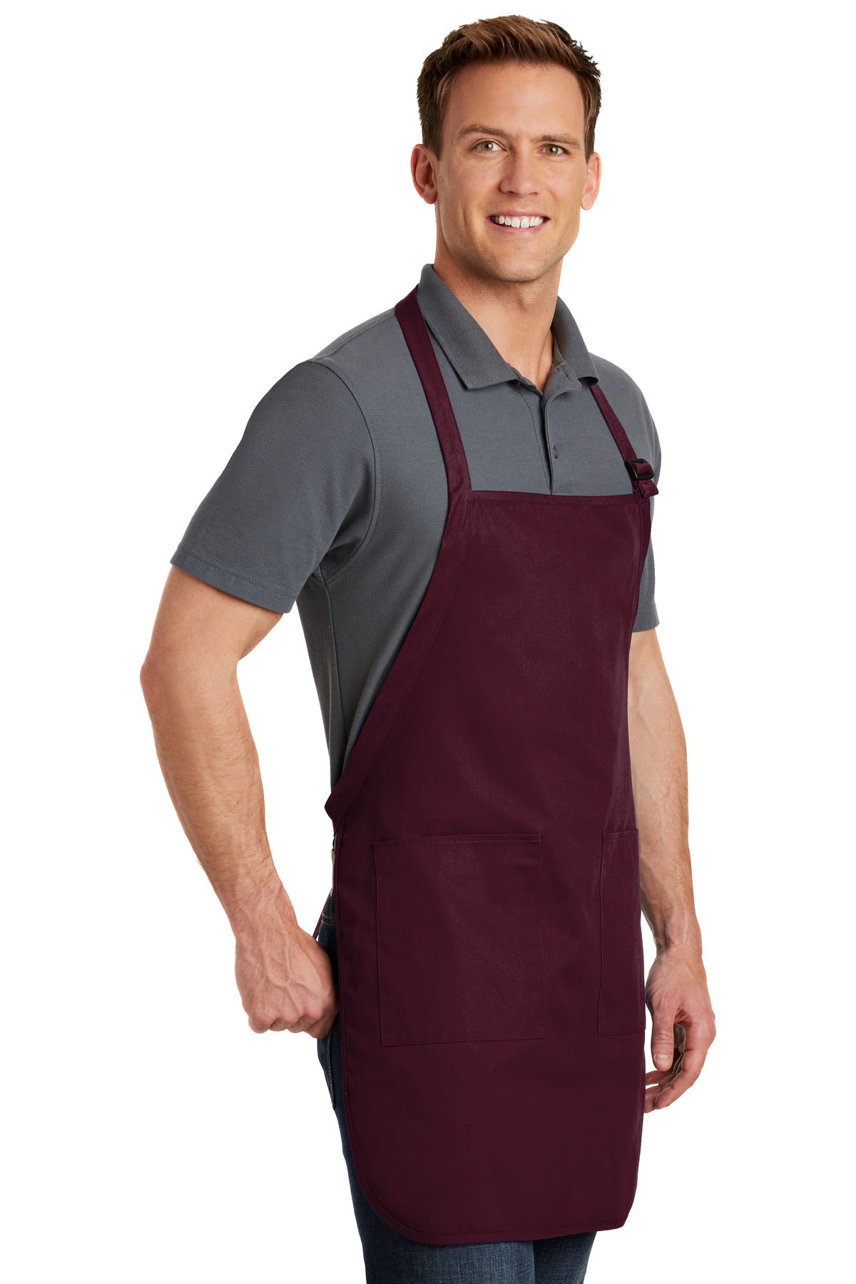 Maroon Port Authority Full-Length Apron with Pockets. A500 plain