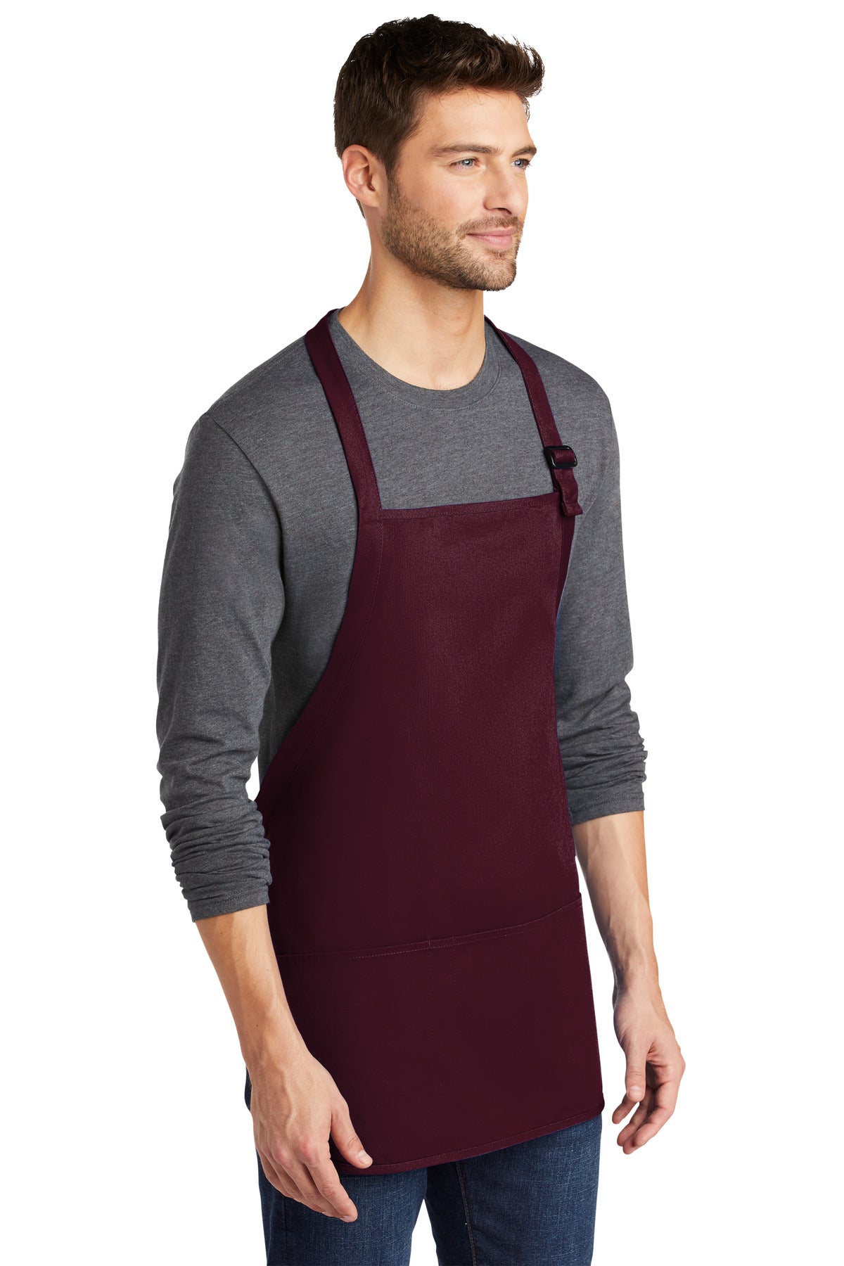 Maroon Port Authority Medium-Length Apron with Pouch Pockets. A510 plain