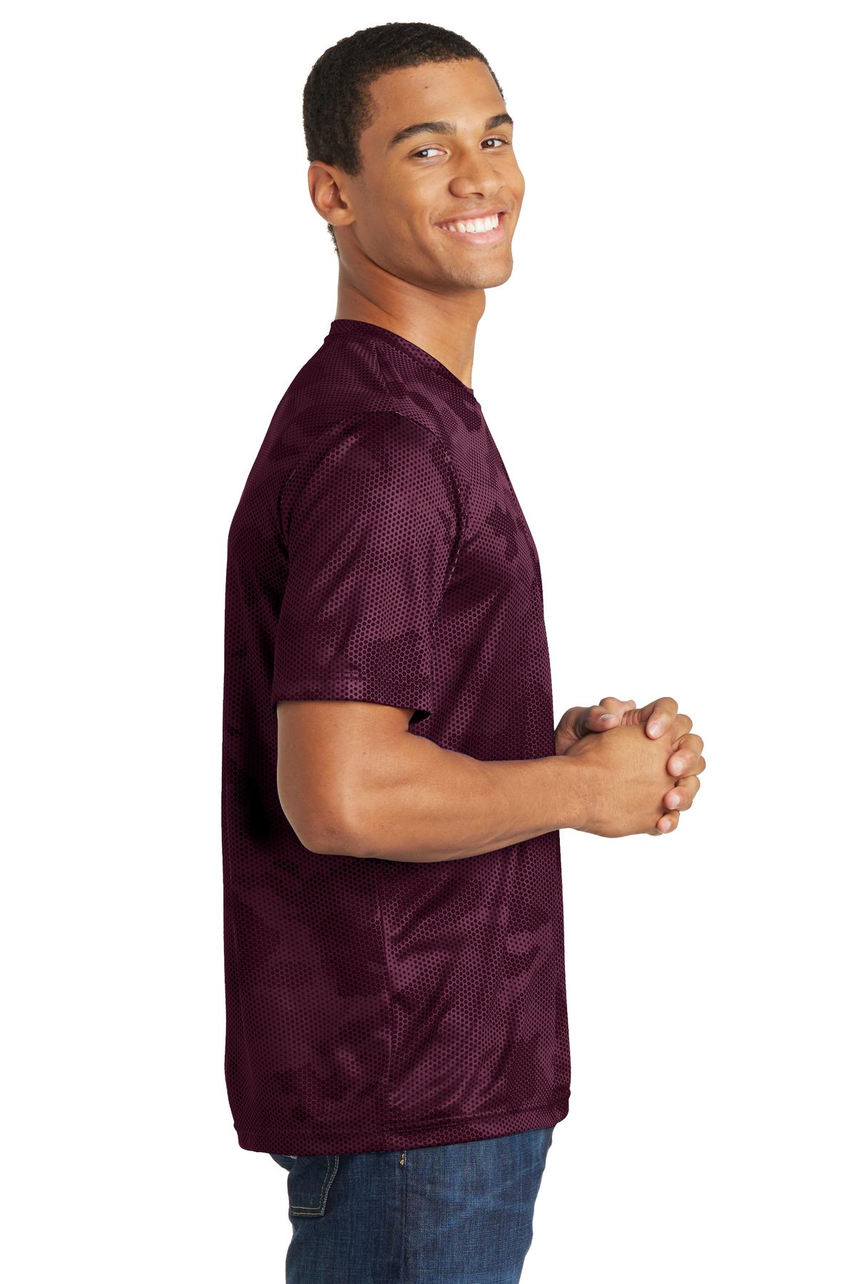 Maroon Sport-Tek CamoHex Tee. ST370 plain
