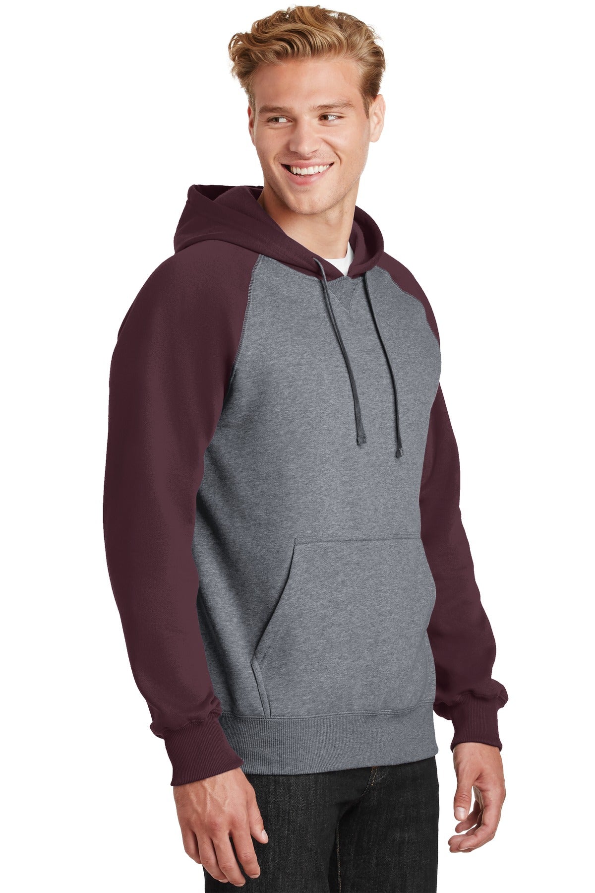 Maroon/Vnt He Sport-Tek Raglan Colorblock Pullover Hooded Sweatshirt. ST267 plain