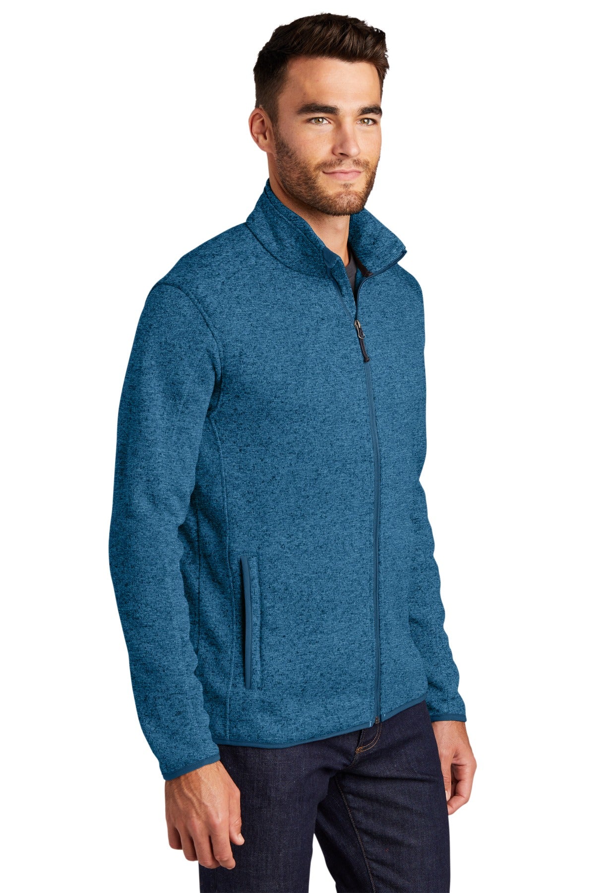 Med Blue Hthr Port Authority Sweater Fleece Jacket. F232 plain