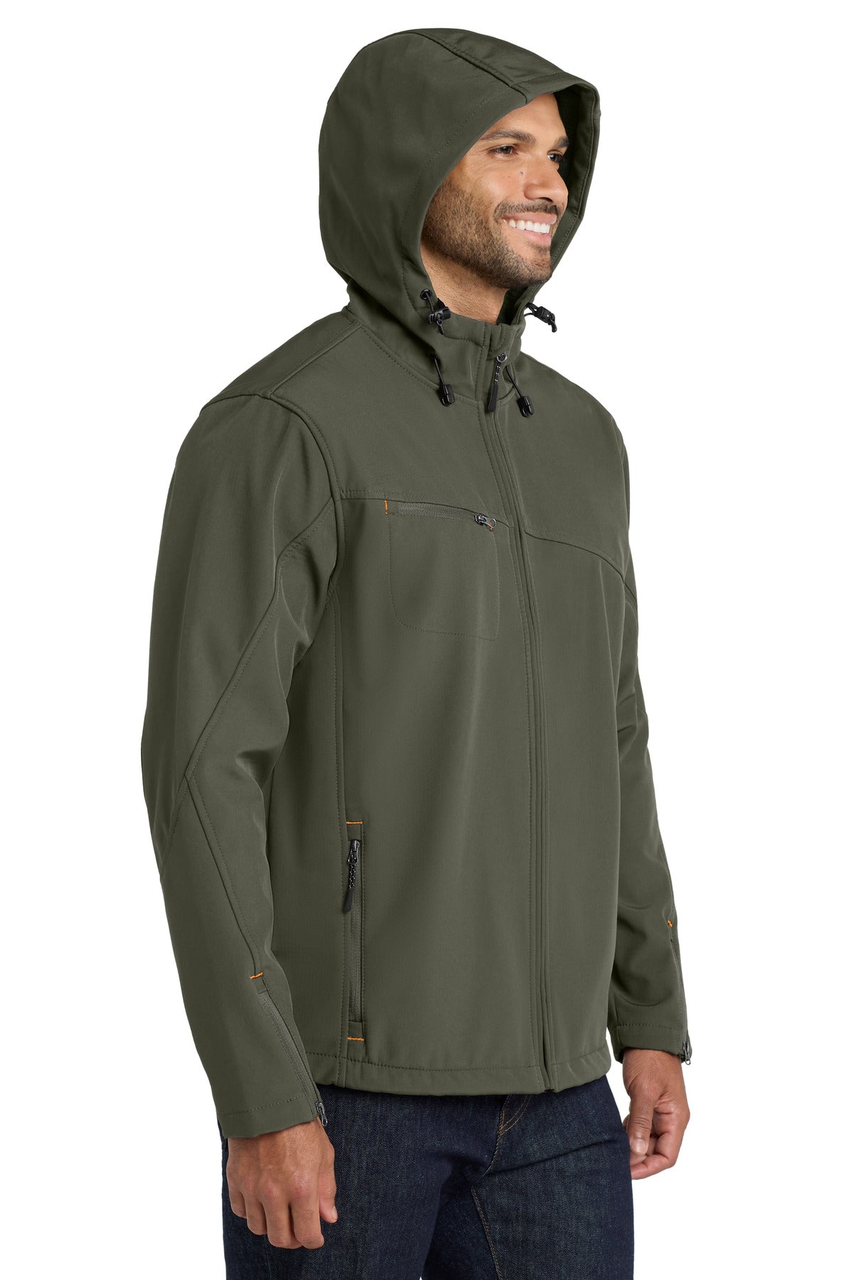 Mineral Green Port Authority Textured Hooded Soft Shell Jacket. J706 plain