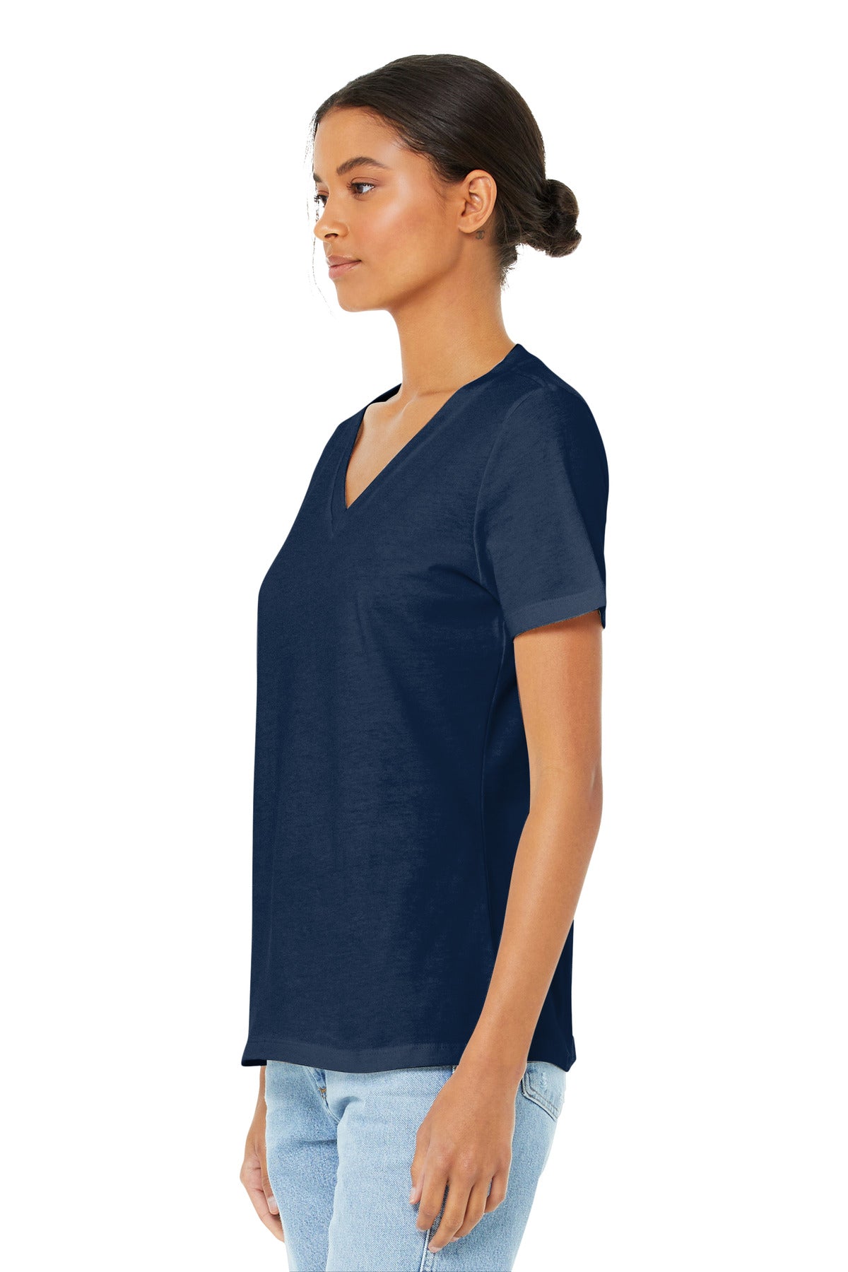 Navy BELLA+CANVAS Women's Relaxed Jersey Short Sleeve V-Neck Tee. BC6405 plain