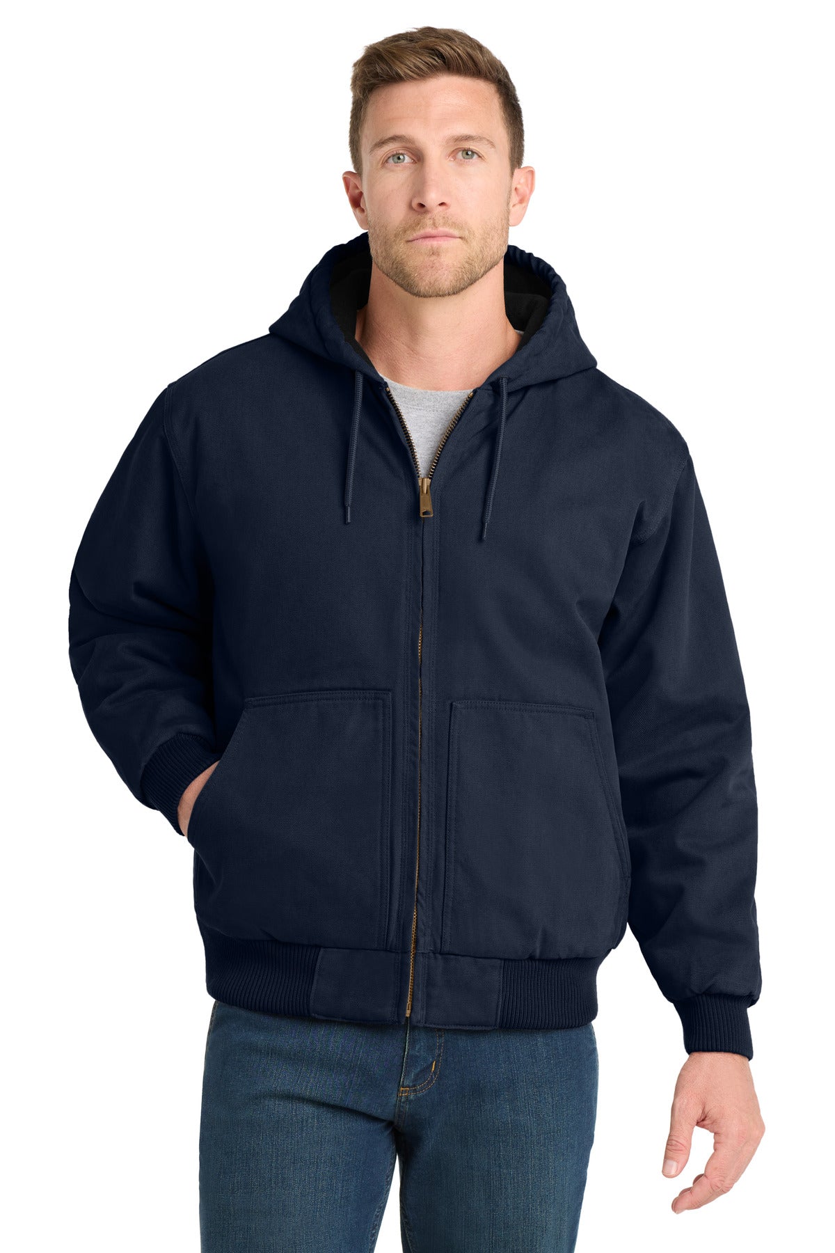 Navy CornerStone Washed Duck Cloth Insulated Hooded Work Jacket. CSJ41 plain