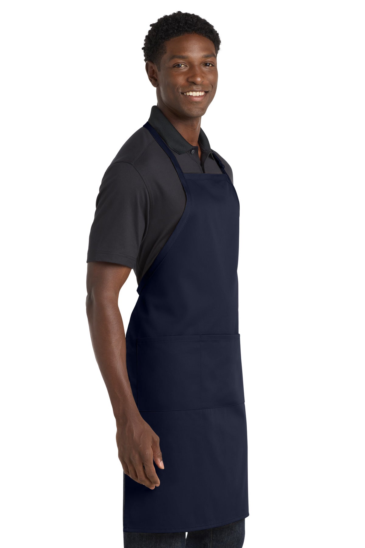 Navy Port Authority Easy Care Extra Long Bib Apron with Stain Release. A700