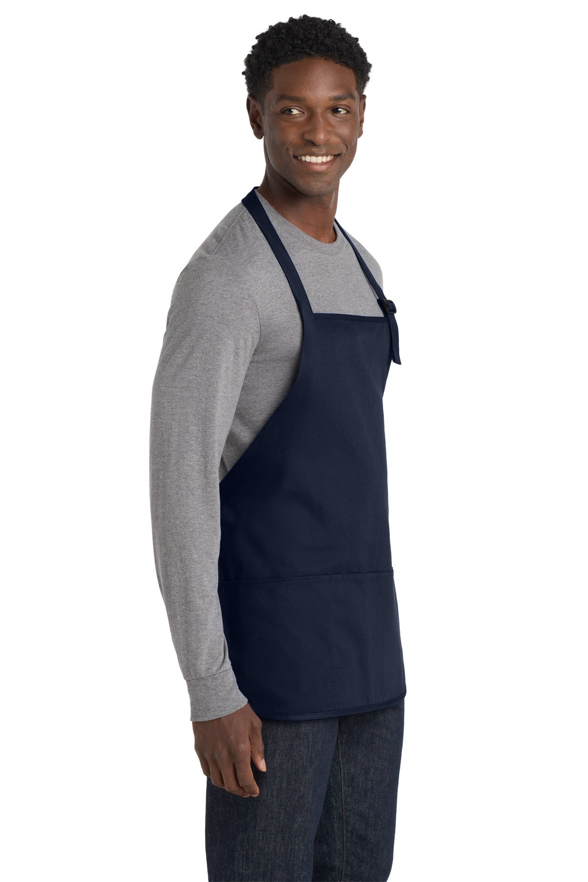 Navy Port Authority Medium-Length Apron with Pouch Pockets. A510