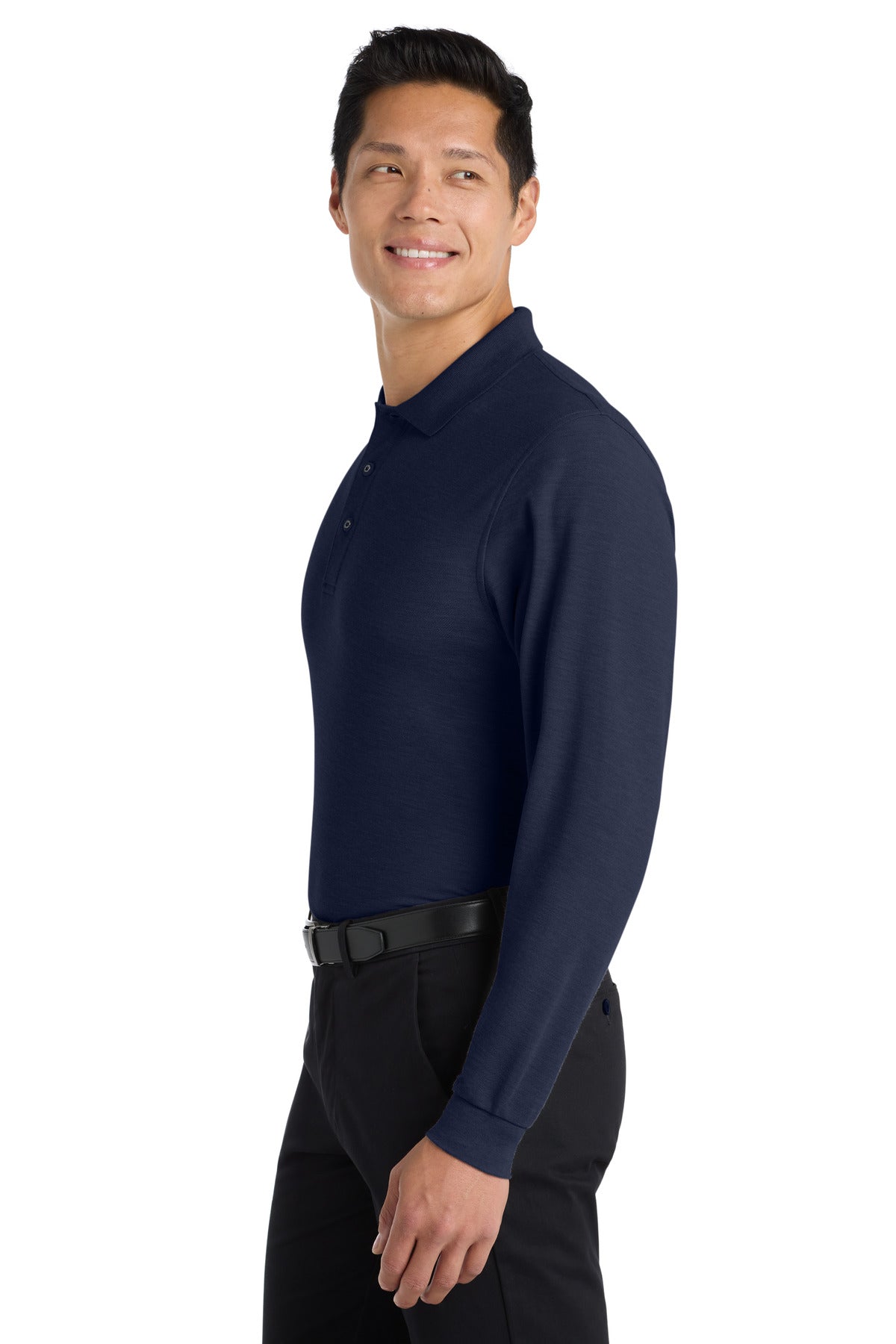 Navy Port Authority Silk Touch Long Sleeve Polo. K500LS