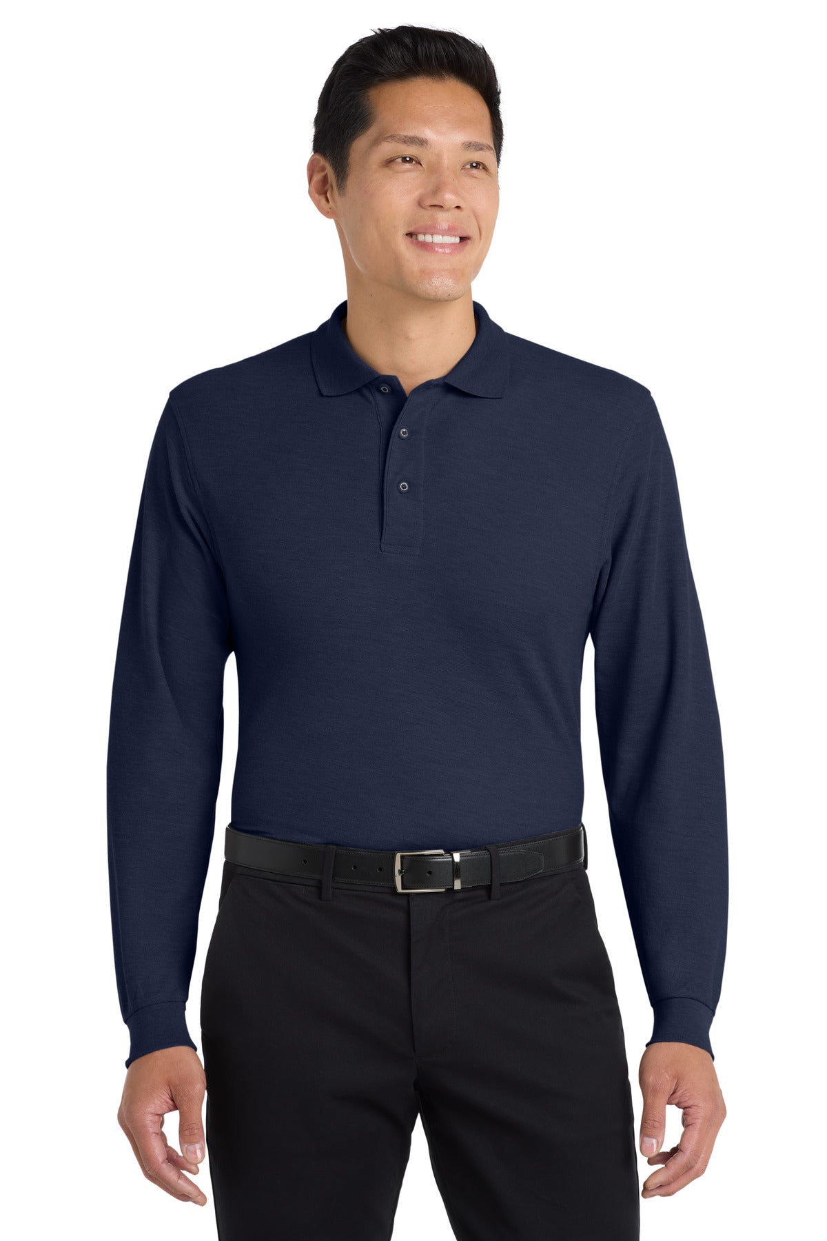 Navy Port Authority Silk Touch Long Sleeve Polo. K500LS