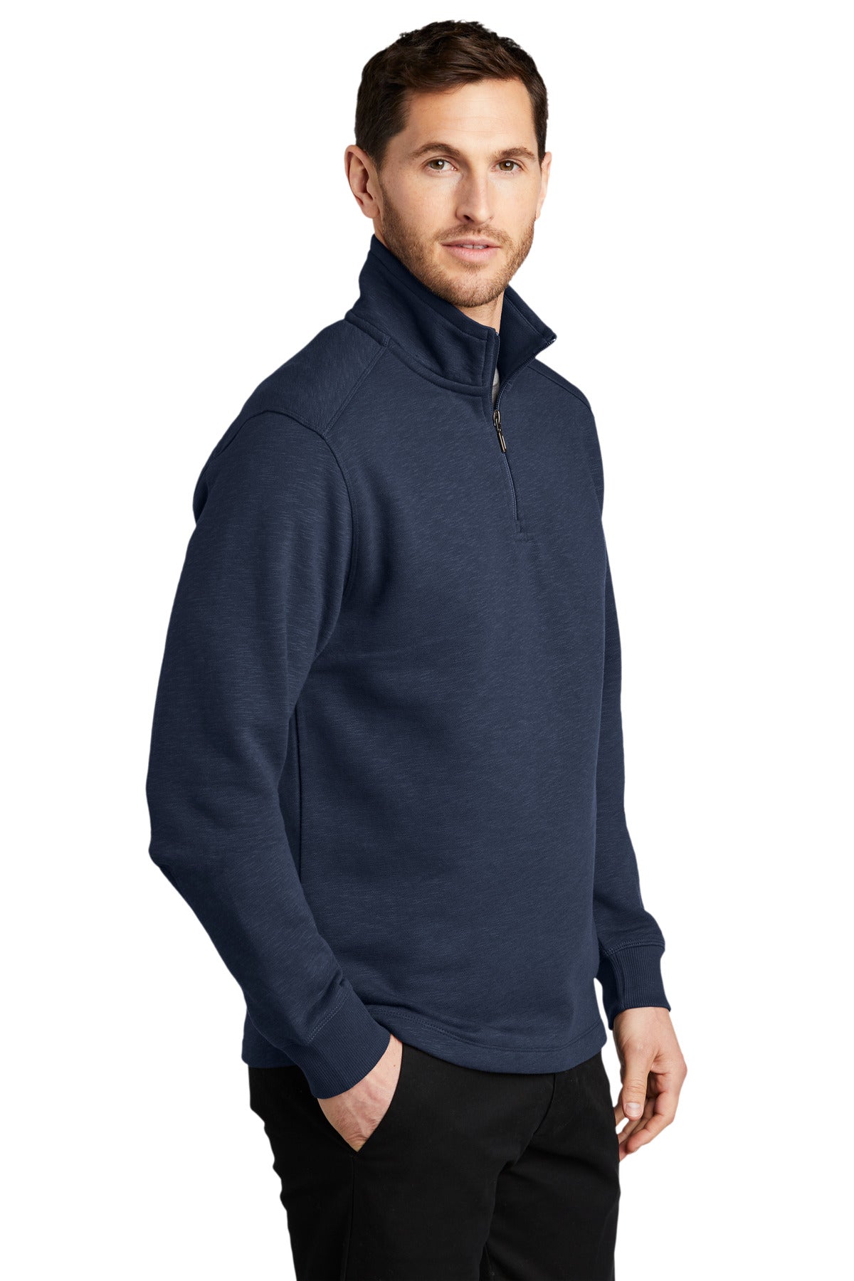 Navy Port Authority Slub Fleece 1/4-Zip Pullover. F295 plain