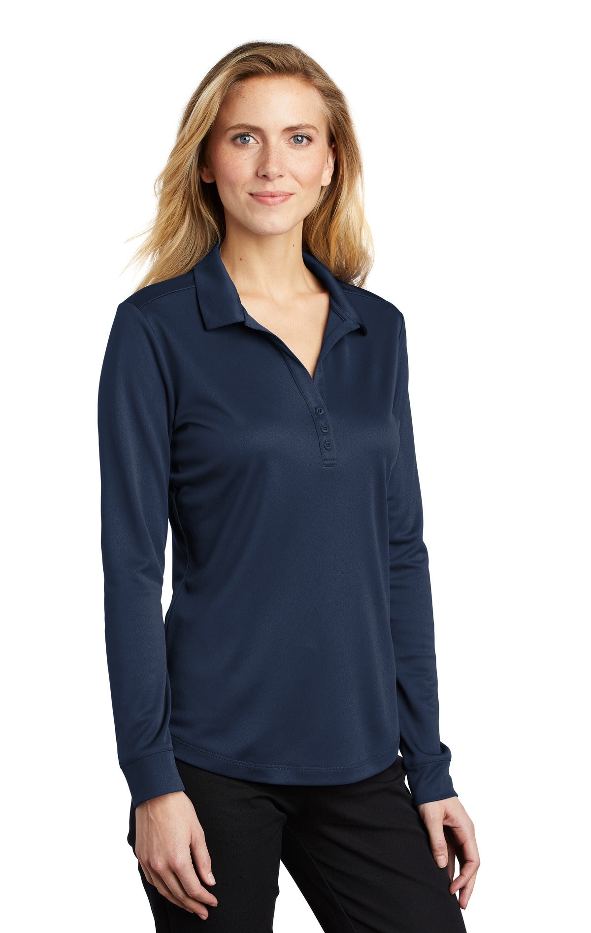 Navy Port Authority Women's Silk Touch Performance Long Sleeve Polo. L540LS plain