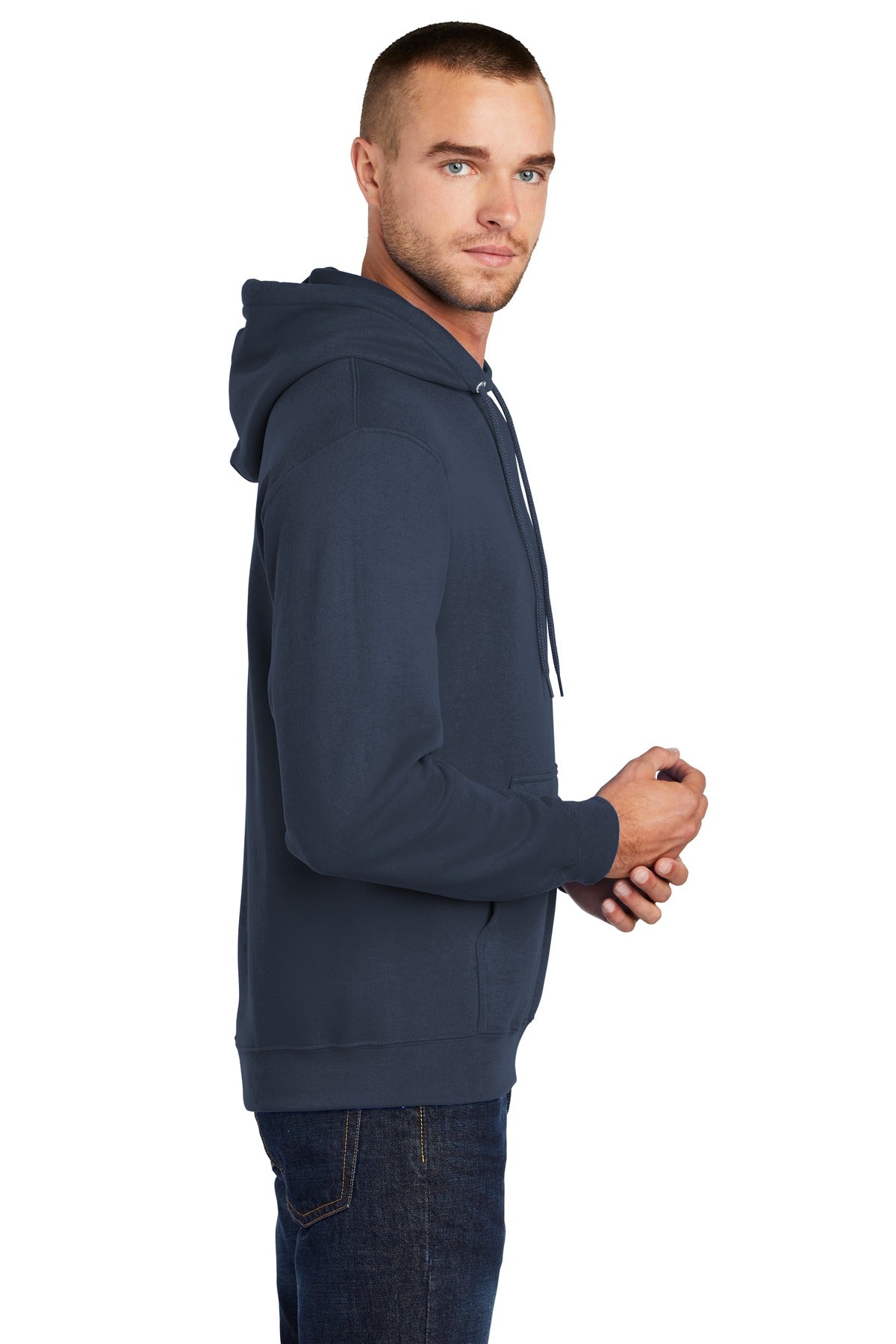 Navy Port & Co Core Fleece Pullover Hooded Sweatshirt. PC78H plain