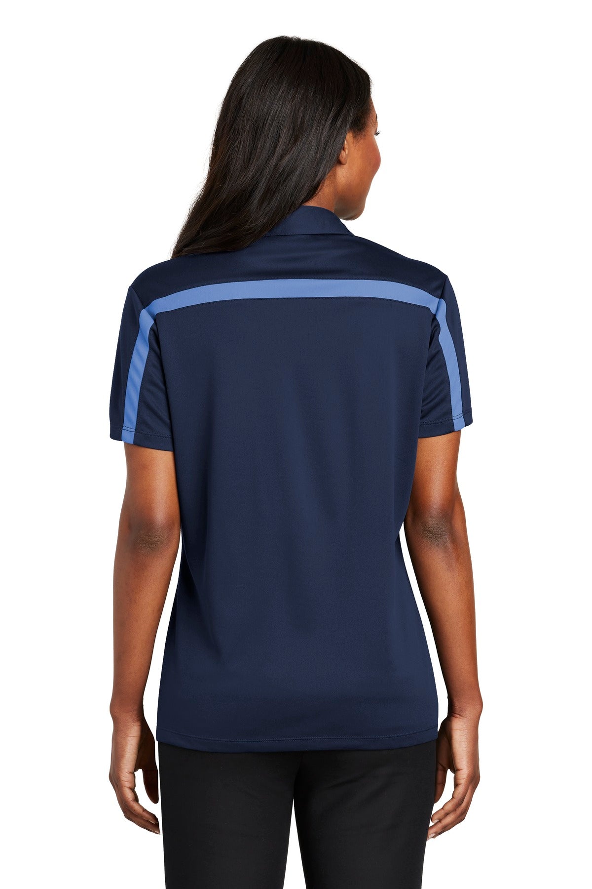 Navy/CarolinaB Port Authority Women's Silk Touch Performance Colorblock Stripe Polo. L547 plain