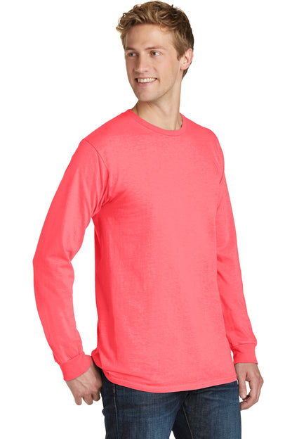 Neon Coral Port & Co Beach Wash Garment-Dyed Long Sleeve Tee PC099LS plain