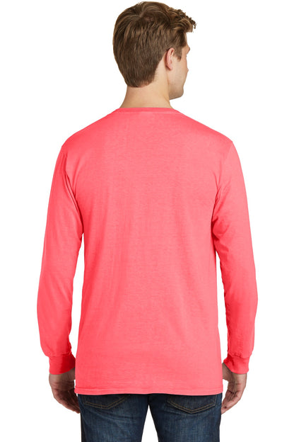 Neon Coral Port & Co Beach Wash Garment-Dyed Long Sleeve Tee PC099LS plain