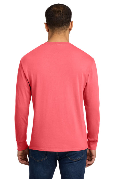 Neon Coral Port & Co Beach Wash Garment-Dyed Long Sleeve Tee PC099LS plain