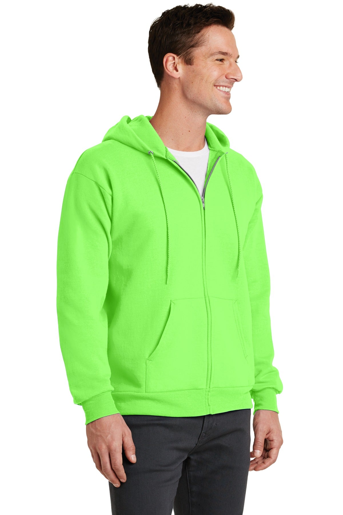 Neon Green Port & Co Core Fleece Full-Zip Hooded Sweatshirt. PC78ZH plain