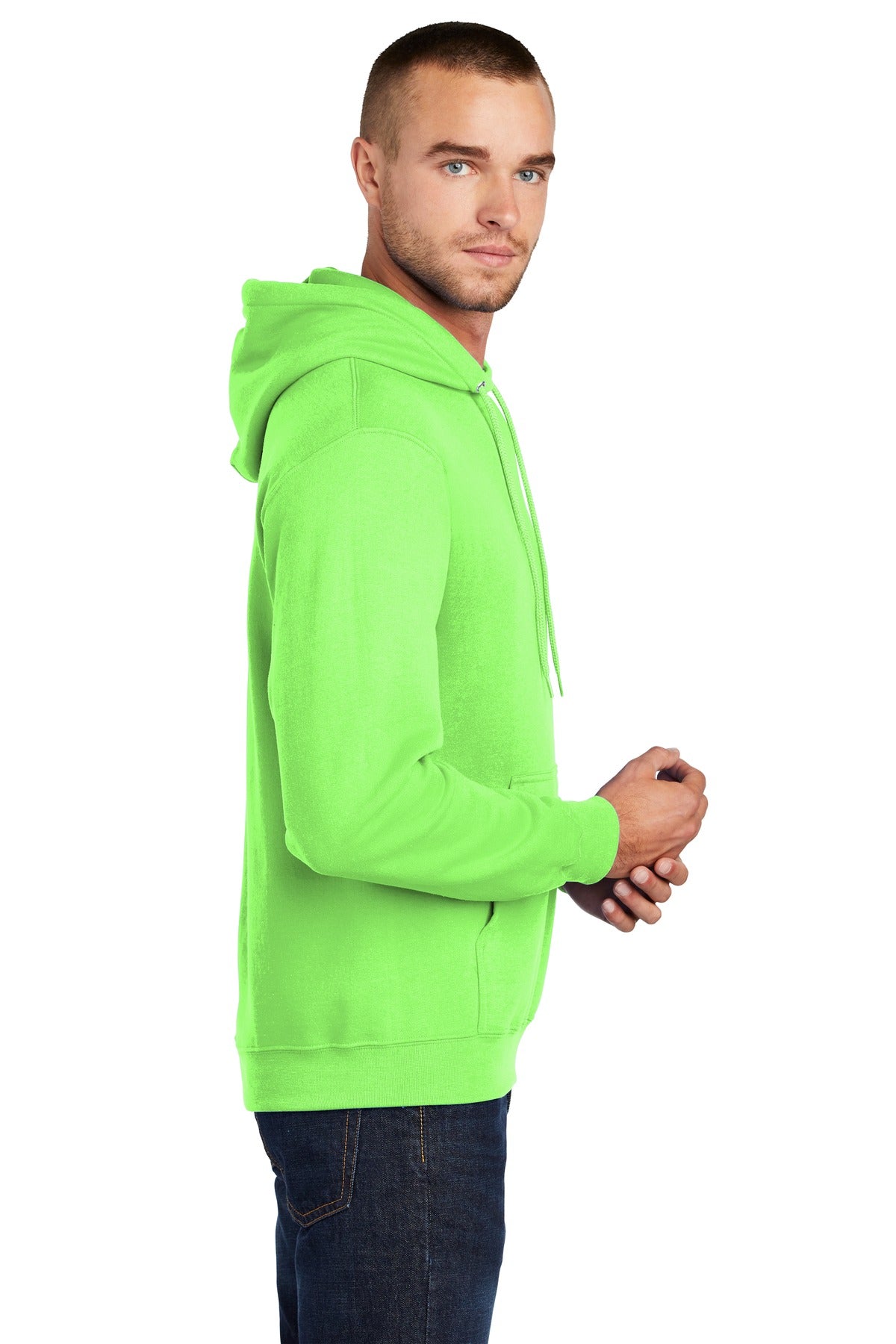 Neon Green Port & Co Core Fleece Pullover Hooded Sweatshirt. PC78H