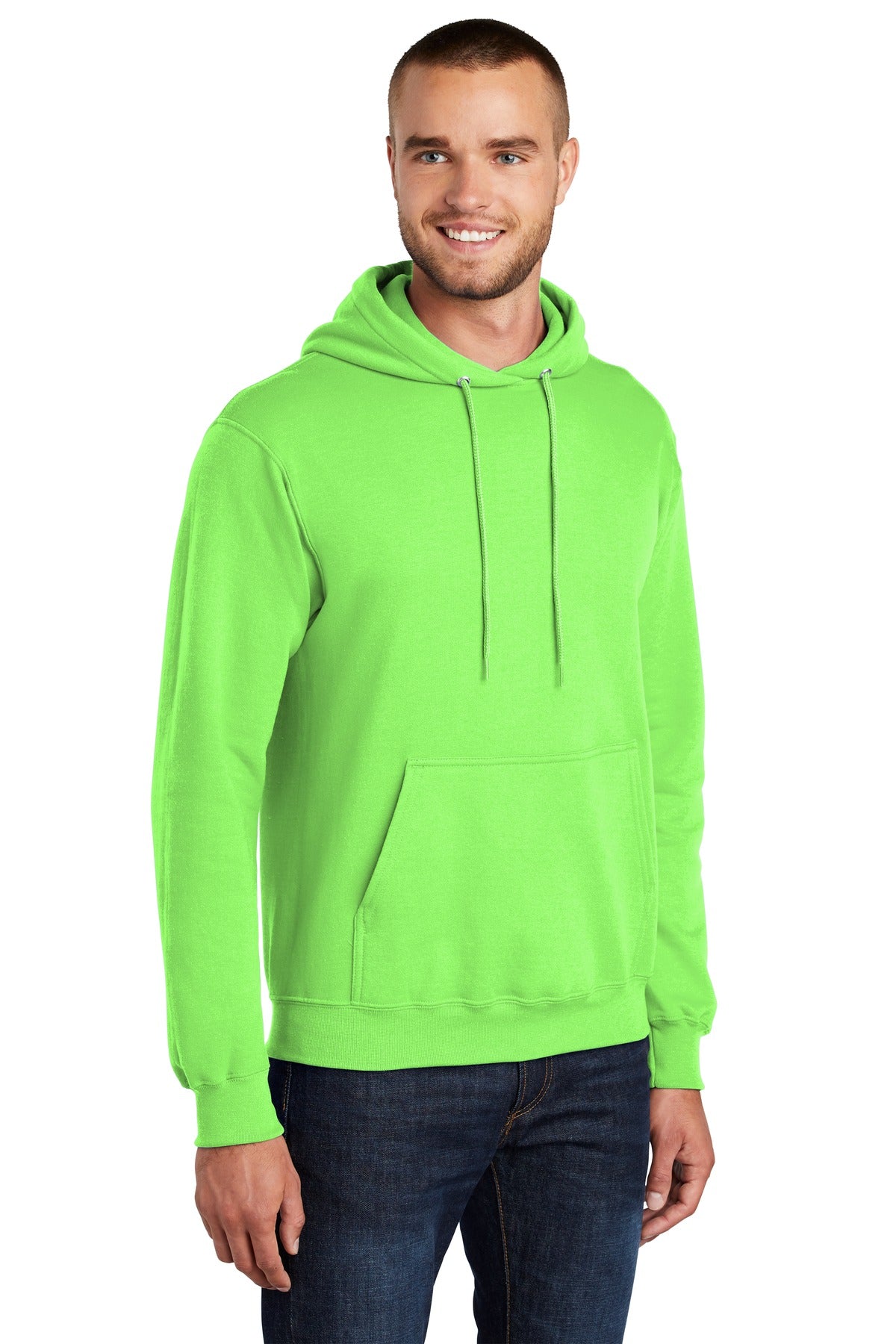 Neon Green Port & Co Core Fleece Pullover Hooded Sweatshirt. PC78H