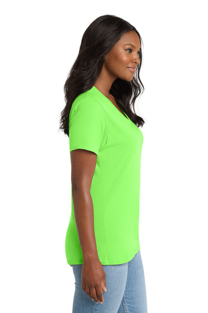 Neon Green Port & Co Women's Core Cotton V-Neck Tee. LPC54V plain
