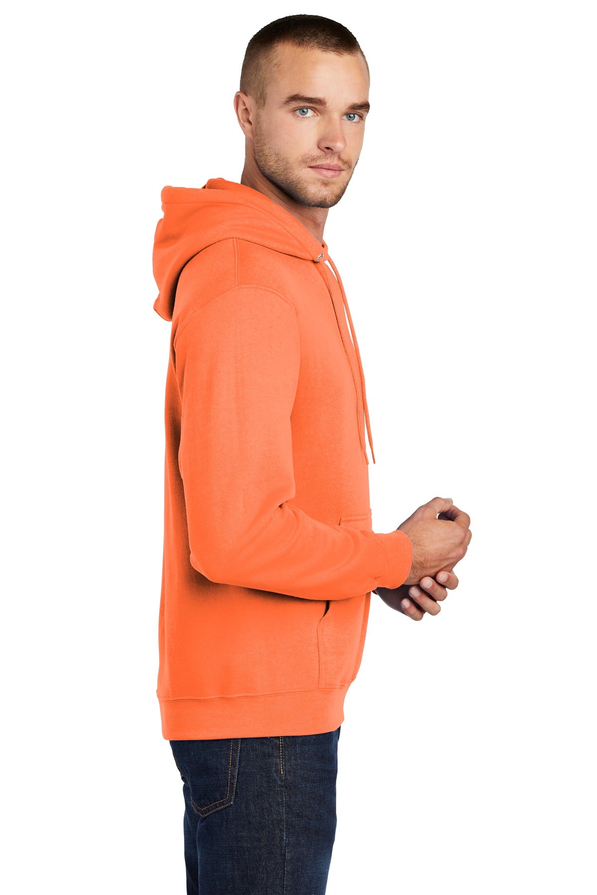 Neon Orange Port & Co Core Fleece Pullover Hooded Sweatshirt. PC78H