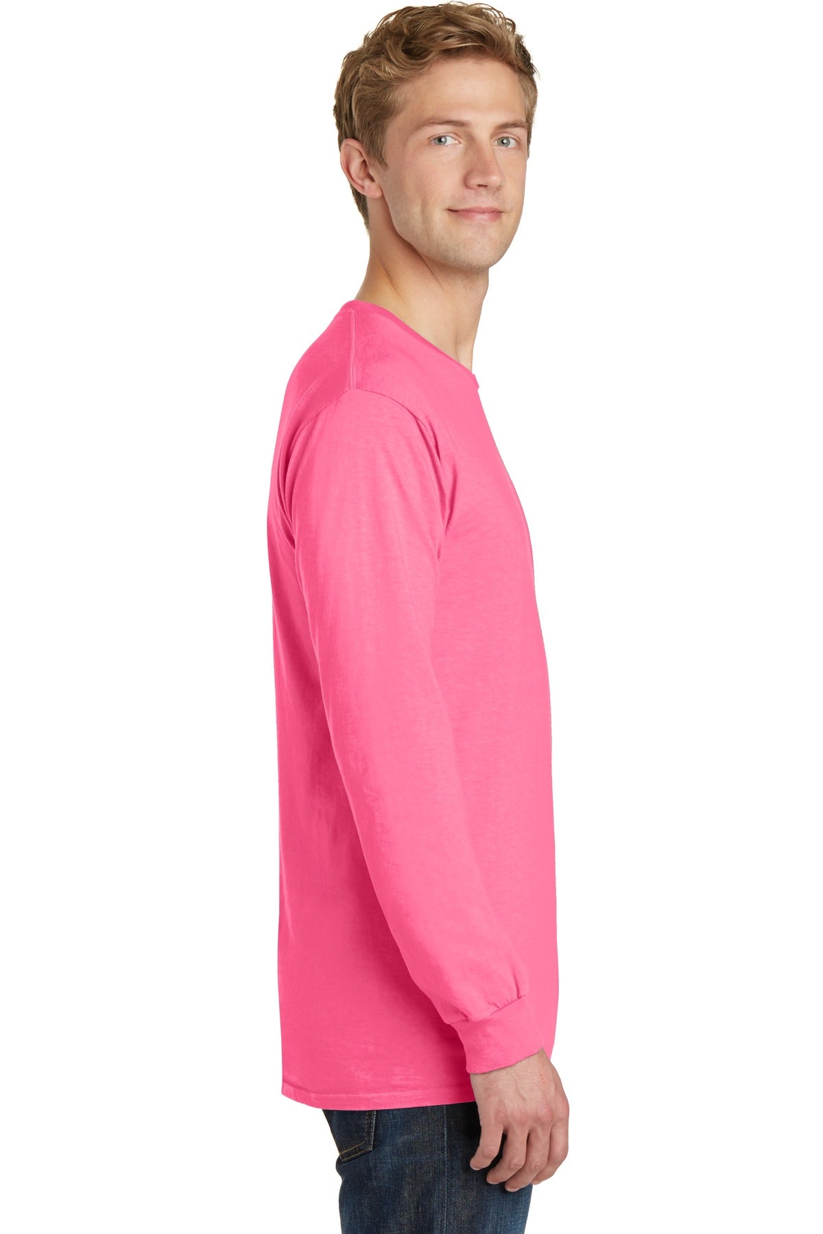 Neon Pink Port & Co Beach Wash Garment-Dyed Long Sleeve Tee PC099LS plain