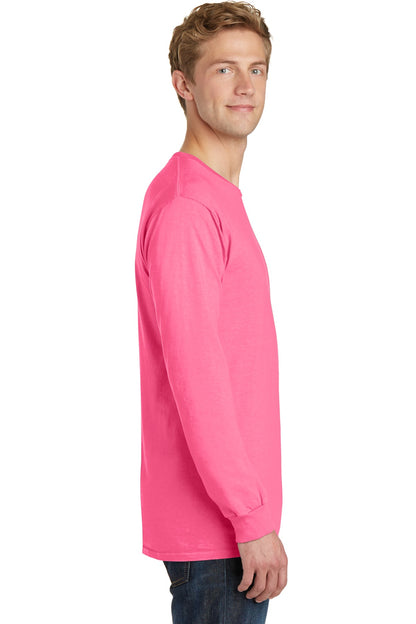 Neon Pink Port & Co Beach Wash Garment-Dyed Long Sleeve Tee PC099LS plain