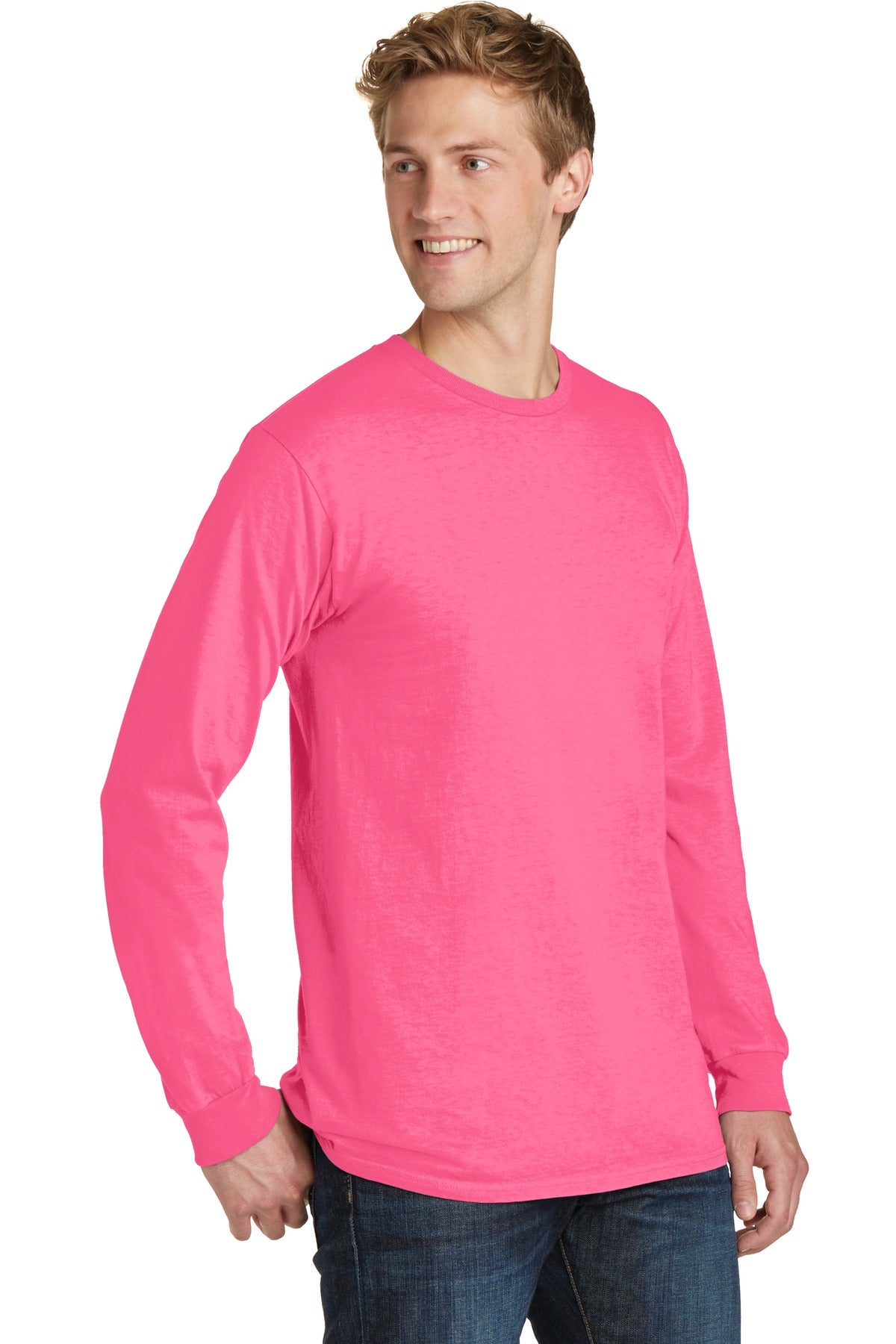 Neon Pink Port & Co Beach Wash Garment-Dyed Long Sleeve Tee PC099LS plain