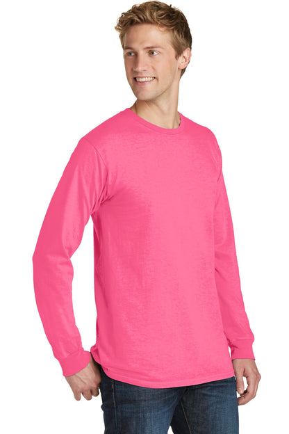 Neon Pink Port & Co Beach Wash Garment-Dyed Long Sleeve Tee PC099LS plain