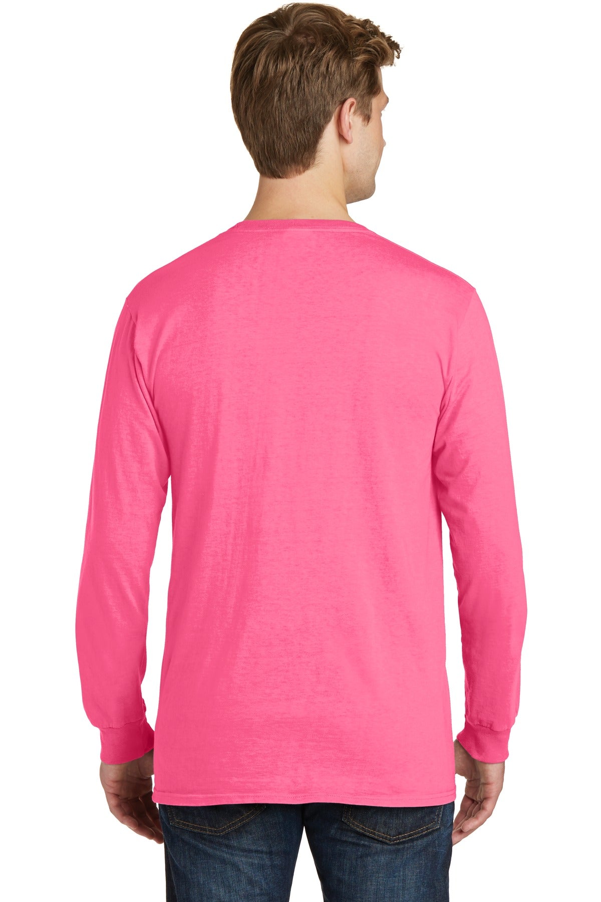 Neon Pink Port & Co Beach Wash Garment-Dyed Long Sleeve Tee PC099LS plain