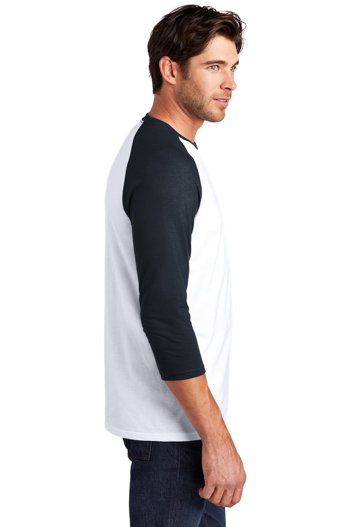 New Navy/White District Perfect Tri 3/4-Sleeve Raglan. DM136 plain