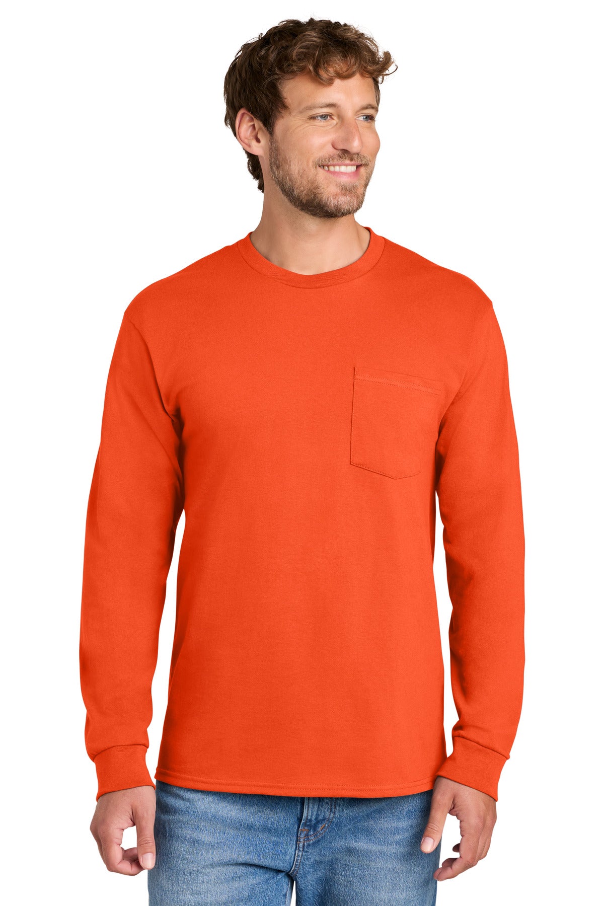 Orange Port & Co Tall Long Sleeve Essential Pocket Tee. PC61LSPT plain