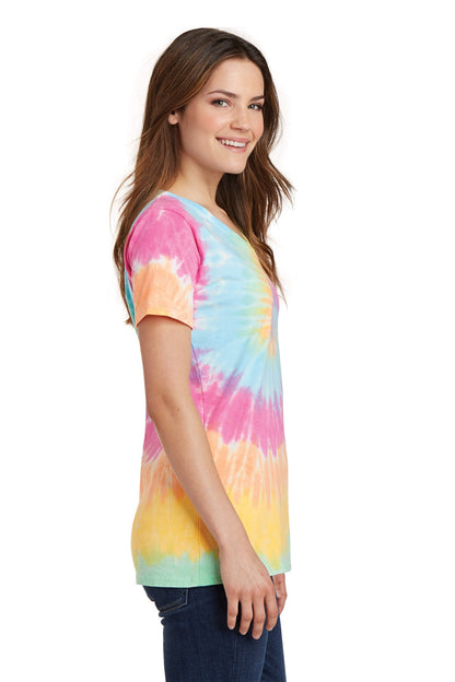Pastel Rainbow Port & Co Women's Tie-Dye V-Neck Tee. LPC147V plain