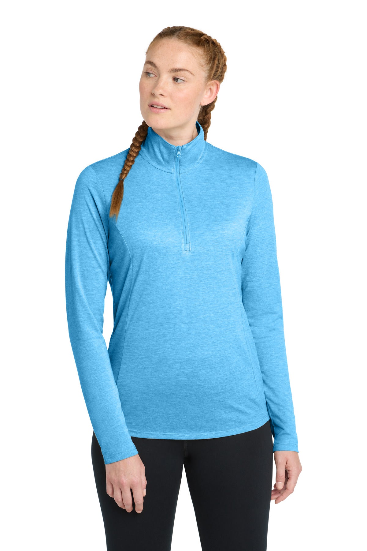 Pond Blue Hthr Sport-Tek Women's PosiCharge Tri-Blend Wicking 1/4-Zip Pullover. LST407 plain