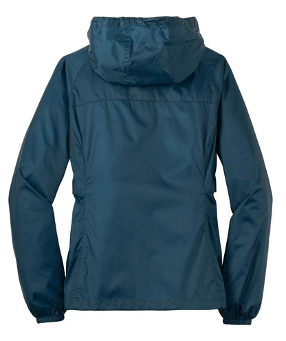 Rear View of Adriatic Blue Eddie Bauer Women's Packable Wind Jacket. EB501 plain